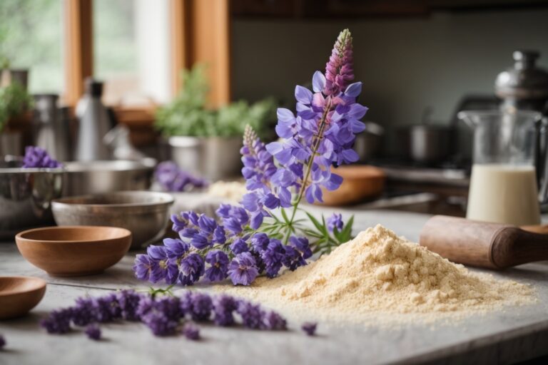Auf einem Küchentisch finden sich verschiedene Backzutaten, etwas Zubehör und mittig ein Haufen Mehl mit blauen Lupinenblüten daneben